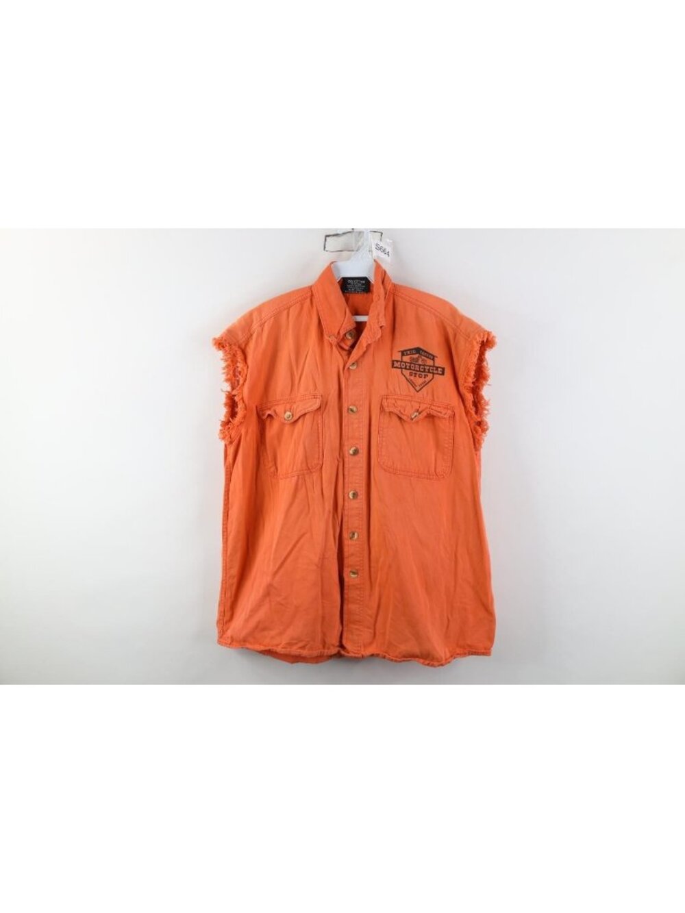 Vtg Y2K Mens Medium 2006 Motorcycle Twisted Sisters Cut Off Button Shirt Orange